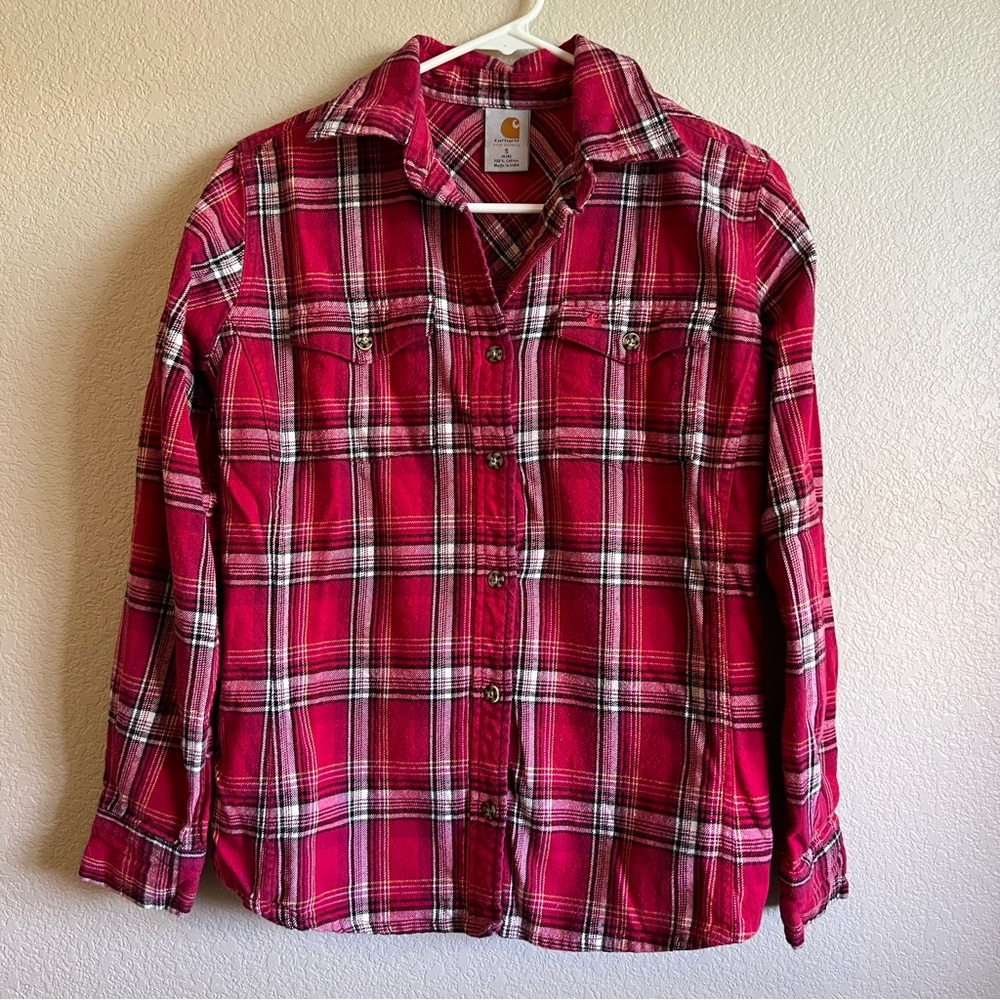 Carhartt Pink Plaid Flannel Button Up 100% Cotton Shirt Women’s Small 4/6
